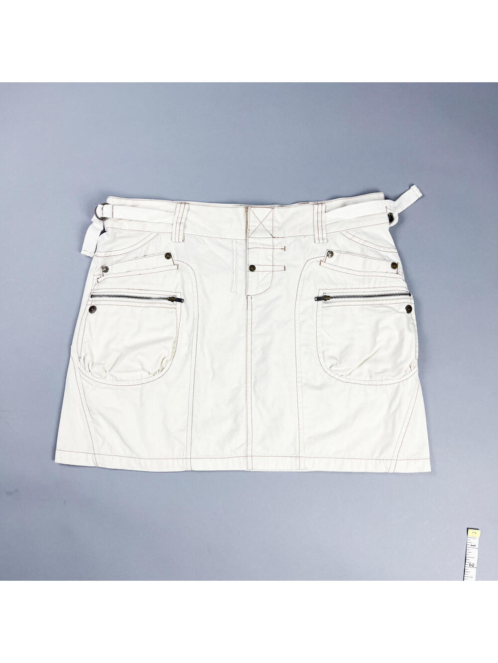 Y2K Cream Low Rise Mini Skirt with Front Zipper Pockets, Utility